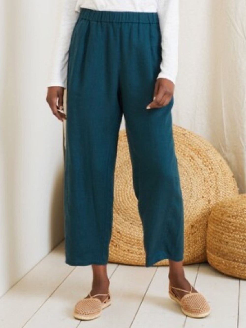 Eileen Fisher Organic-Linen Cropped Lantern Pants Size XL Teal
